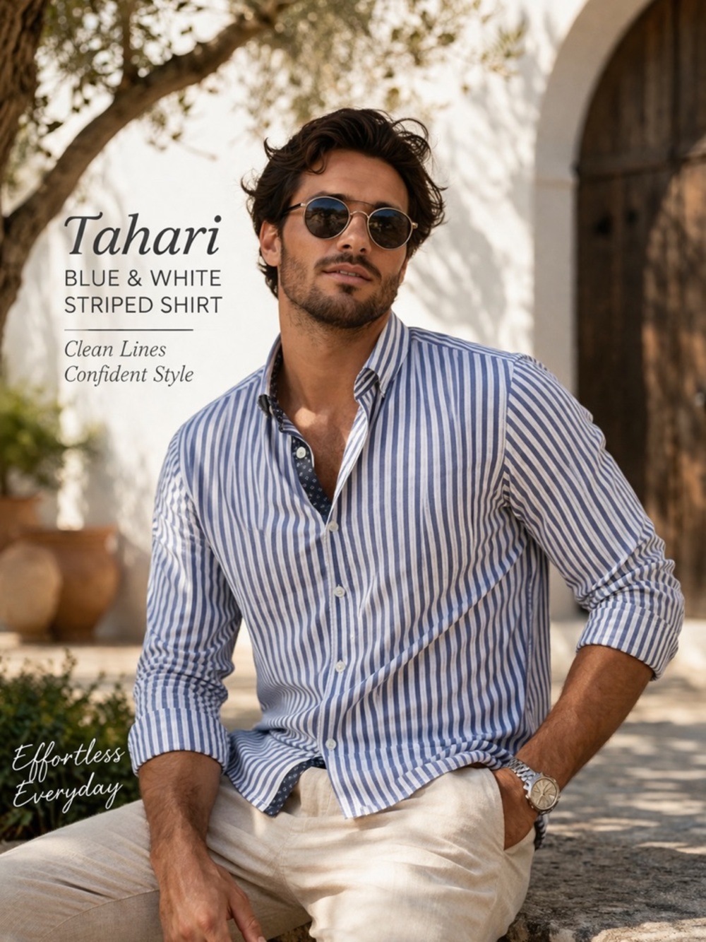 Tahari Blue & White Vertical Stripe Button-Down Shirt